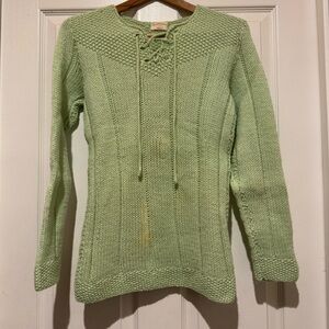 Green Women's Sweater hand knit handmade detailed damaged